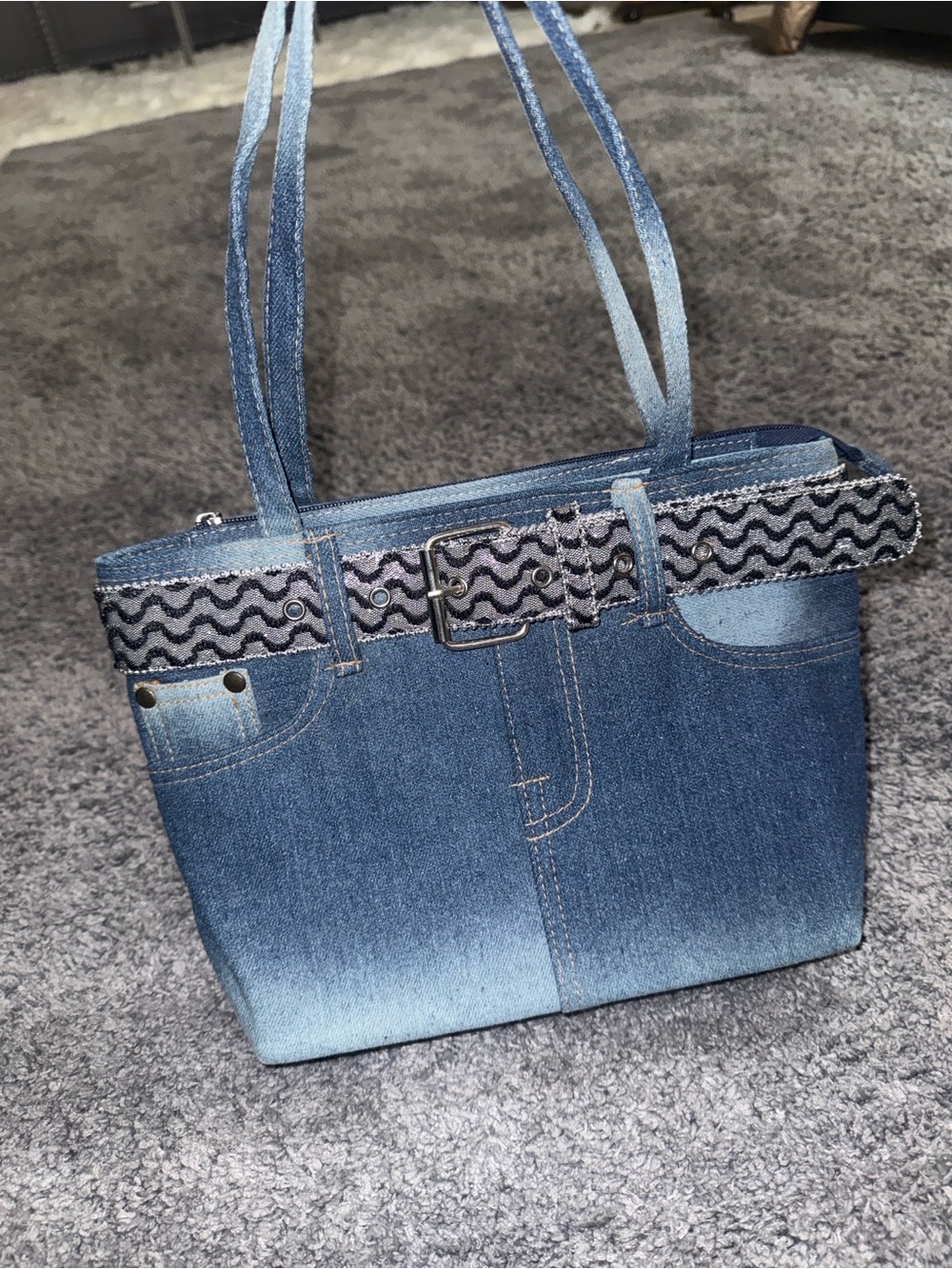 Denim Tote Bag with Decorative Belt - Blue